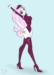 Size: 2200x3000 | Tagged: safe, artist:reine morte shi, derpibooru import, fleur-de-lis, human, bedroom eyes, boots, breasts, clothes, cutie mark on human, female, fleur-de-seins, high heel boots, high heels, humanized, leotard, looking at you, miss fleur is trying to seduce us, shoes, simple background, socks, solo, standing, stretching, stupid sexy fleur-de-lis, thigh highs