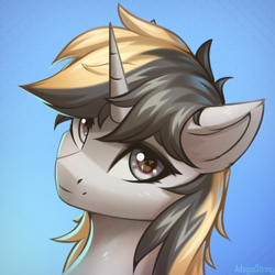 Size: 2000x2000 | Tagged: safe, artist:adagiostring, derpibooru import, oc, oc only, oc:bluest glow, pony, unicorn, abstract background, bust, cute, female, fur, gradient background, gray eyes, headshot commission, looking at you, portrait, solo