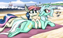 Size: 3573x2205 | Tagged: safe, alternate version, artist:fenixdust, derpibooru exclusive, derpibooru import, bon bon, lyra heartstrings, sweetie drops, earth pony, pony, unicorn, beach, blushing, butt, duo, duo female, female, females only, hat, hips, hooves, horn, lesbian, looking back, lying down, lyrabon, mane, mare, prone, ship, shipping, smiling, tail