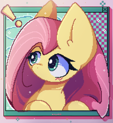 Size: 2300x2500 | Tagged: safe, artist:miryelis, derpibooru import, fluttershy, pegasus, pony, big ears, big eyes, blushing, cute, ears, exclamation point, long hair, pixel art, shyabetes, signature, solo, sparkles, window