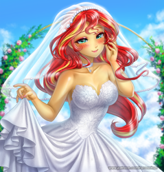 Size: 1200x1253 | Tagged: safe, artist:racoonsan, color edit, derpibooru import, edit, editor:drakeyc, sunset shimmer, human, equestria girls, bare shoulders, beautiful, blushing, breasts, bride, choker, cleavage, clothes, cloud, colored, crying, cute, day, dress, eyelashes, eyeshadow, female, flower, leaves, light skin, long hair, looking at you, looking forward, makeup, marriage, multicolored hair, outdoors, patreon, red hair, rose, shimmerbetes, skin color edit, sky, sleeveless, smiling, solo, standing, strapless, tears of joy, teary eyes, veil, website, wedding, wedding dress, wedding veil, yellow hair
