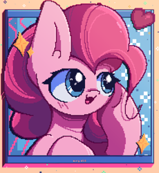 Size: 2300x2500 | Tagged: safe, artist:miryelis, derpibooru import, pinkie pie, earth pony, pony, big ears, big eyes, blushing, cute, ears, heart, long hair, open mouth, open smile, signature, smiling, solo, sparkles, window