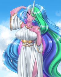 Size: 1887x2400 | Tagged: safe, artist:racoonsan, color edit, derpibooru import, edit, editor:drakeyc, princess celestia, human, equestria girls, alicorn humanization, bare shoulders, big breasts, breasts, clothes, colored, cute, dress, eye clipping through hair, female, hair over one eye, horn, horned humanization, humanized, looking at you, praise the sun, princess breastia, skin color edit, smiling, smiling at you, solo, winged humanization, wings