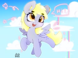 Size: 4000x3000 | Tagged: safe, artist:zokkili, derpibooru import, derpy hooves, pegasus, pony, beanbrows, cloud, cute, derpabetes, ear fluff, ears, eyebrows, eyebrows visible through hair, female, flying, high res, open mouth, open smile, rainbow waterfall, signature, sky, smiling, solo, speech bubble, spread wings, wings