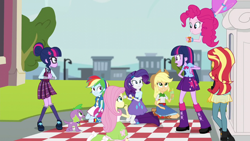 Size: 1280x720 | Tagged: safe, derpibooru import, screencap, applejack, fluttershy, pinkie pie, rainbow dash, rarity, sci-twi, spike, spike the regular dog, sunset shimmer, twilight sparkle, dog, human, equestria girls, friendship games, clothes, crystal prep academy uniform, humane five, humane seven, humane six, necktie, odd one out, picnic blanket, school tie, school uniform, schoolgirl, self paradox, stare, twolight