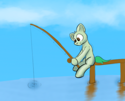 Size: 824x670 | Tagged: safe, artist:cotarsis, derpibooru import, pony, fishing rod, pier, sketch, solo, water