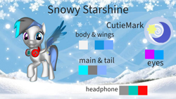 Size: 1920x1080 | Tagged: safe, artist:snowy starshine, derpibooru import, oc, oc only, oc:snowy starshine, pegasus, 3d, cutie mark, headphones, looking at you, reference sheet, solo