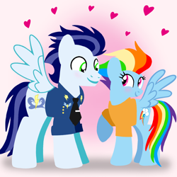 Size: 1400x1400 | Tagged: safe, artist:mlplary6, derpibooru import, rainbow dash, soarin', pegasus, pony, the last problem, blushing, bomber jacket, clothes, female, heart, husband and wife, jacket, looking at each other, looking at someone, love, male, mare, married couple, older, older rainbow dash, older soarin', older soarindash, shipping, smiling, smiling at each other, soarindash, stallion, straight