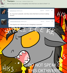 Size: 785x849 | Tagged: safe, artist:lupisvulpes, derpibooru import, oc, oc only, oc:monochromatic heart, pony, unicorn, angry, ask, electricity, hissing, male, open mouth, sharp teeth, solo, stallion, teeth, text, tumblr