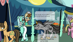 Size: 958x552 | Tagged: safe, artist:lupisvulpes, derpibooru import, caramel, lyra heartstrings, meadow flower, roma, oc, oc:monochromatic heart, alicorn, pony, dialogue, horn, nervous, outdoors, smiling, talking, text, wings