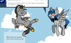 Size: 925x554 | Tagged: safe, artist:lupisvulpes, derpibooru import, oc, oc:monochromic heart, alicorn, pony, ask, cloud, female, flying, male, mare, sky, stallion, talking, text, tumblr