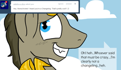 Size: 965x559 | Tagged: safe, artist:lupisvulpes, derpibooru import, oc, oc only, oc:monochromatic heart, pony, ask, blue sky, cloud, dialogue, grin, hooves, nervous, sky, smiling, solo, text, tumblr