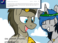 Size: 911x675 | Tagged: safe, artist:lupisvulpes, derpibooru import, oc, oc:monochromatic heart, alicorn, pony, ask, cloud, duo, eyes closed, female, grin, jewelry, male, mare, necklace, open mouth, open smile, sky, smiling, stallion, text, tumblr
