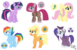 Size: 1024x665 | Tagged: safe, artist:midnightmuffinda, derpibooru import, applejack, fluttershy, pinkie pie, rainbow dash, rarity, twilight sparkle, 2018, alternate cutie mark, alternate universe, au:no rainboom, deviantart watermark, group, long description, mane six, obtrusive watermark, signature, watermark