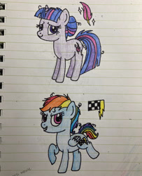 Size: 1280x1575 | Tagged: safe, artist:midnightmuffinda, derpibooru import, rainbow dash, twilight sparkle, 2022, alternate cutie mark, alternate universe, au:no rainboom, duo, lined paper, looking at you, smiling, smiling at you