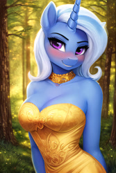 Size: 2048x3072 | Tagged: safe, ai content, derpibooru import, generator:novelai, generator:stable diffusion, machine learning generated, trixie, anthro, unicorn, blushing, breasts, cleavage, clothes, cute, dress, female, forest, grass, high res, horn, jewelry, looking at you, necklace, outdoors, prompter:endless--, smiling, smiling at you, solo, standing, tree