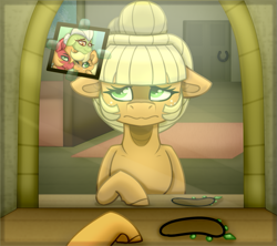 Size: 785x696 | Tagged: safe, artist:blacklight-fox, derpibooru import, applejack, big macintosh, granny smith, earth pony, pony, 2023, alternate universe, au:no rainboom, ears, floppy ears, frown, jewelry, mirror, necklace, photo, picture, sad, solo