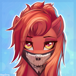 Size: 2000x2000 | Tagged: safe, artist:adagiostring, derpibooru import, oc, oc only, oc:kometka, pegasus, pony, abstract background, bust, cute, female, headshot commission, looking at you, mask, orange eyes, portrait, simple background, solo, solo female