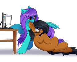 Size: 2500x2000 | Tagged: safe, artist:skyboundsiren, derpibooru import, oc, oc only, oc:notetaker, oc:swing time, earth pony, pegasus, desk, drawing tablet, female, glasses, male, monitor, paint tool sai, signature, simple background, transparent background