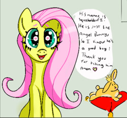 Size: 938x874 | Tagged: safe, artist:boneappleteeth, derpibooru import, fluttershy, pony, rabbit, animal, heart, heart eyes, talking to viewer, wingding eyes