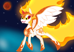 Size: 2048x1444 | Tagged: safe, artist:suryfromheaven, derpibooru import, daybreaker, alicorn, pony, angry, fire, solo, space