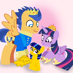 Size: 1400x1400 | Tagged: safe, artist:mlplary6, derpibooru import, flash sentry, twilight sparkle, twilight sparkle (alicorn), oc, oc:star sparkle, alicorn, pegasus, pony, alicorn wings, clothes, crown, family, female, filly, flashlight, foal, husband and wife, jewelry, looking at each other, looking at someone, lying down, male, mare, married couple, offspring, parent:flash sentry, parent:twilight sparkle, parents:flashlight, regalia, shipping, sitting, smiling, smiling at each other, stallion, straight, wings