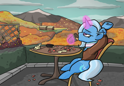 Size: 3111x2160 | Tagged: safe, artist:venseyness, derpibooru exclusive, derpibooru import, trixie, pony, unicorn, autumn, clothes, drink, food, levitation, lidded eyes, magic, pride, pride flag, scarf, scenery, telekinesis