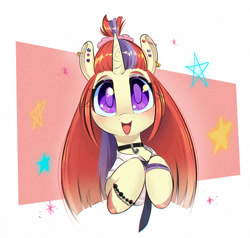 Size: 1000x952 | Tagged: safe, artist:inkypuso, derpibooru import, moondancer, pony, unicorn, big eyes, blushing, bracelet, choker, colored pupils, cute, dancerbetes, ear piercing, earring, female, jewelry, looking at you, mare, missing accessory, necktie, no glasses, open mouth, open smile, piercing, simple background, smiling, smiling at you, solo, white background