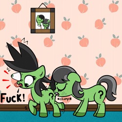 Size: 2000x2000 | Tagged: safe, artist:scandianon, derpibooru import, oc, oc only, oc:anon filly, earth pony, pony, biting, bloodshot eyes, butt bite, carpet, eye bulging, father and mother, female, filly, foal, hooves, indoors, literal butthurt, onomatopoeia, pain, picture frame, siblings, sisters, tongue, tongue out, vulgar
