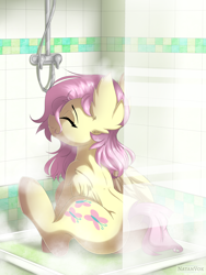 Size: 4500x6000 | Tagged: safe, artist:natanvok, derpibooru import, fluttershy, pegasus, pony, absurd resolution, bathroom, butt, cute, dimples of venus, dock, eyebrows, eyes closed, featureless crotch, female, flutterbutt, indoors, mare, plot, shower, shyabetes, signature, sitting, smiling, solo, steam, tail, wings