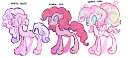 Size: 1955x887 | Tagged: safe, artist:dddddaxie998839, derpibooru import, pinkie pie, oc, oc:candy floss, oc:party trick, pegasus, pony, unicorn, redesign, simple background, species swap, white background