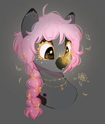 Size: 894x1051 | Tagged: safe, artist:melodylibris, derpibooru import, oc, oc only, butterfly, earth pony, pony, braid, bust, butterfly on nose, dark muzzle, facial markings, female, freckles, gray background, insect on nose, jewelry, mare, necklace, simple background, solo