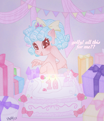Size: 2198x2544 | Tagged: safe, derpibooru import, cozy glow, pegasus, pony, birthday, birthday cake, birthday gift, blue hair, bow, bucktooth, cake, candle, cute, female, filly, foal, food, freckles, hair bow, high res, jewelry, looking at you, party, present, smiling, smiling at you, solo, sparkles, tiara