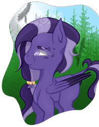 Size: 3090x3954 | Tagged: safe, artist:thecommandermiky, derpibooru import, oc, oc only, oc:miky command, bird, pegasus, pony, female, forest background, hair accessory, hair tie, long hair, long mane, mare, pegasus oc, purple eyes, purple hair, purple mane, solo, spots, wings