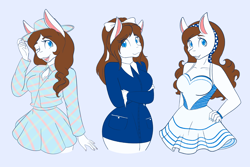 Size: 2048x1365 | Tagged: safe, artist:mscolorsplash, derpibooru import, oc, oc only, oc:color splash, anthro, pegasus, alternate clothes, blue background, blue eyes, bracelet, breasts, busty oc, cleavage, clothes, crossed arms, cute, dress, eye clipping through hair, female, grin, hairband, hand on hip, hat, jacket, jewelry, looking at you, mare, necktie, one eye closed, open mouth, open smile, simple background, skirt, smiling, smiling at you, solo