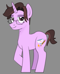 Size: 623x765 | Tagged: safe, artist:nonameorous, derpibooru import, oc, oc only, oc:cynical tea, pony, unicorn, glasses, gray background, looking at you, male, ponysona, raised hoof, raised leg, simple background, smiling, smiling at you, solo, stallion, standing