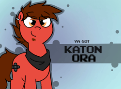 Size: 800x592 | Tagged: safe, artist:soupafterdark, derpibooru import, oc, oc only, oc:katon ora, earth pony, pony, banned from equestria daily, brown mane, clothes, commissioner:dhs, ear piercing, gradient background, gray background, piercing, red coat, scarf, simple background, solo, ya got