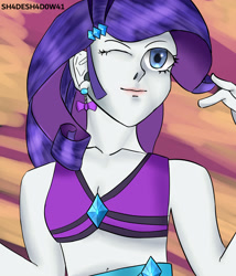 Size: 3000x3500 | Tagged: safe, artist:sh4deshad0w41, derpibooru import, rarity, human, better together, equestria girls, bikini, clothes, ear piercing, earring, eyes closed, hand, humanized, jewelry, one eye closed, piercing, smiling, solo, swimsuit, wink