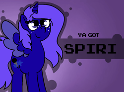 Size: 800x592 | Tagged: safe, artist:soupafterdark, derpibooru import, oc, oc only, oc:spiri, alicorn, pony, banned from equestria daily, blue coat, commissioner:dhs, freckles, gradient background, purple background, purple mane, simple background, solo, standing, ya got