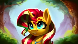 Size: 2688x1536 | Tagged: safe, ai content, derpibooru import, generator:pony diffusion v5, generator:stable diffusion, machine learning generated, sunset shimmer, pony, unicorn, cute, female, jewelry, mare, necklace, outdoors, prompter:siber, shimmerbetes, smiling, solo, tree