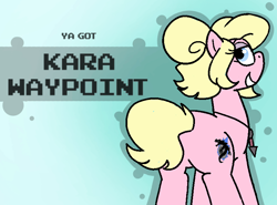 Size: 800x592 | Tagged: safe, artist:soupafterdark, derpibooru import, oc, oc only, oc:kara waypoint, earth pony, pony, banned from equestria daily, blue background, butt, commissioner:dhs, gradient background, jewelry, looking at you, necklace, pink coat, plot, simple background, solo, ya got, yellow mane