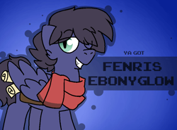 Size: 800x592 | Tagged: safe, artist:soupafterdark, derpibooru import, oc, oc only, oc:fenris ebonyglow, pony, bag, banned from equestria daily, black mane, blue background, blue coat, clothes, commissioner:dhs, gradient background, one eye closed, parchment, saddle bag, scarf, simple background, solo, wink, ya got