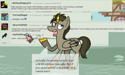 Size: 923x554 | Tagged: safe, artist:lupisvulpes, derpibooru import, oc, oc only, oc:monochromatic heart, alicorn, pony, ask, cupcake, deviantart, food, male, open mouth, ponyville, solo, stallion, text, throwing