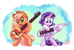 Size: 2200x1475 | Tagged: safe, artist:whitediamonds, derpibooru import, applejack, rarity, earth pony, pony, unicorn, equestria girls, rainbow rocks, 2015, applejack's hat, bass guitar, bipedal, clothes, cowboy hat, duo, duo female, female, guitar, hat, horn, keytar, lesbian, looking at something, looking at you, mare, musical instrument, old art, open mouth, open smile, rarijack, rarijack daily, shipping, smiling, smiling at you