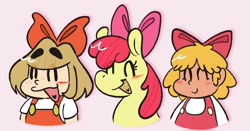 Size: 1752x916 | Tagged: safe, artist:sleeepypyroartz, derpibooru import, apple bloom, earth pony, human, pony, blushing, bow, earthbound, eyes closed, female, filly, foal, hair bow, lulu (warioware), open mouth, pink background, simple background, smiling, tracy, warioware