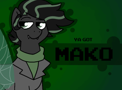 Size: 800x592 | Tagged: safe, artist:soupafterdark, derpibooru import, oc, oc only, oc:mako, changeling, pony, banned from equestria daily, clothes, commissioner:dhs, fangs, gradient background, green background, green changeling, jacket, simple background, solo, sweater, turtleneck, two toned mane, ya got