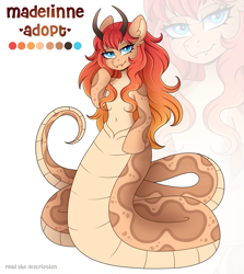 Size: 3645x4093 | Tagged: safe, artist:madelinne, derpibooru import, oc, oc only, lamia, original species, adoptable, adoptable open, adoption, belly button, fangs, gradient hair, horns, long hair, looking at you, reference sheet, smiling, smiling at you, solo, zoom layer