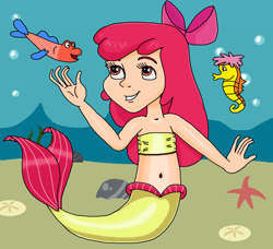 Size: 840x765 | Tagged: safe, artist:ocean lover, derpibooru import, apple bloom, fish, human, mermaid, seahorse, adorabloom, amber eyes, apple bloom's bow, bandeau, bare midriff, belly, belly button, bow, bubble, child, coral, cute, fins, fish tail, hair bow, happy, human coloration, humanized, long hair, looking up, mermaid tail, mermaidized, midriff, ms paint, ocean, red hair, sand, smiling, species swap, starfish, tail, underwater, water