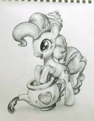 Size: 1630x2098 | Tagged: safe, artist:jack107401, derpibooru import, pinkie pie, doll, heart, liquid, pencil drawing, pot, simple background, smiling, toy, traditional art, white background