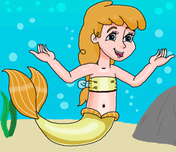 Size: 673x578 | Tagged: safe, artist:ocean lover, derpibooru import, pumpkin cake, human, mermaid, arms wide open, bandeau, bare shoulders, belly, belly button, blue eyes, boulder, bow, bubble, cheerful, child, cute, fins, fish tail, hair bow, happy, human coloration, humanized, innocent, kelp, mermaid tail, mermaidized, midriff, ms paint, ocean, older, older pumpkin cake, open mouth, orange hair, pumpkinbetes, seaweed, sleeveless, species swap, tail, underwater, water